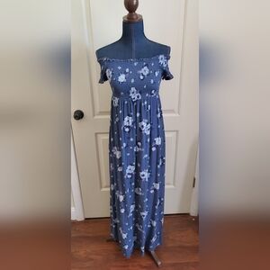 Navy blue off shoulder floral maxi